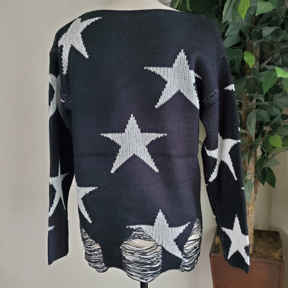 New! Black Knit Star Distressed Hem Sweater - Picture 8 of 8